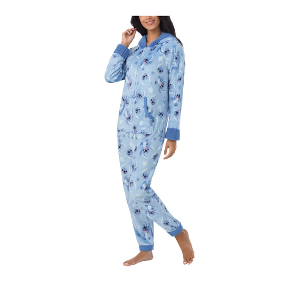Disney Women’s Stitch Blue Fleece One-Piece Pajamas Large Hood Plush Cozy - Picture 2 of 4